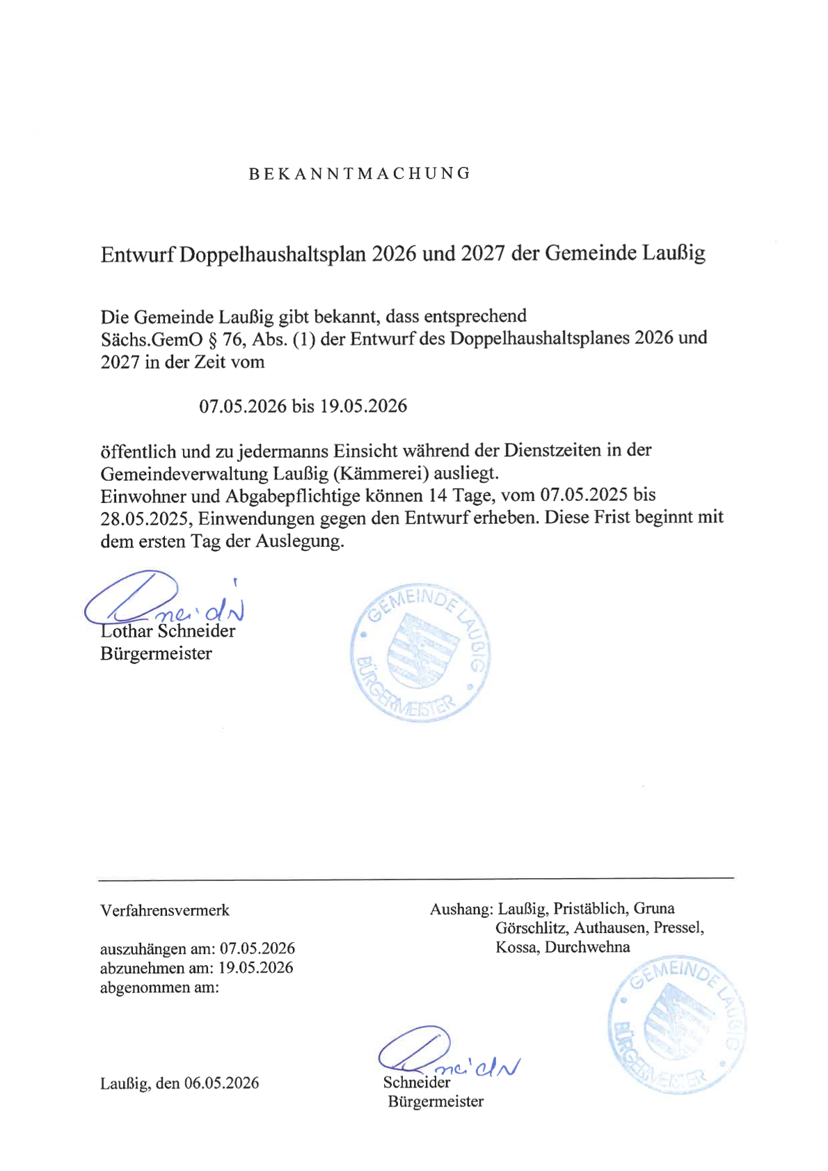Bekanntmachung zur öffentlichen Auslegung des Entwurfs des Doppelhaushaltsplans 2026/2027 der Gemeinde Laußig Bekanntmachung zur öffentlichen Auslegung des Entwurfs des Doppelhaushaltsplans 2026/2027 der Gemeinde Laußig